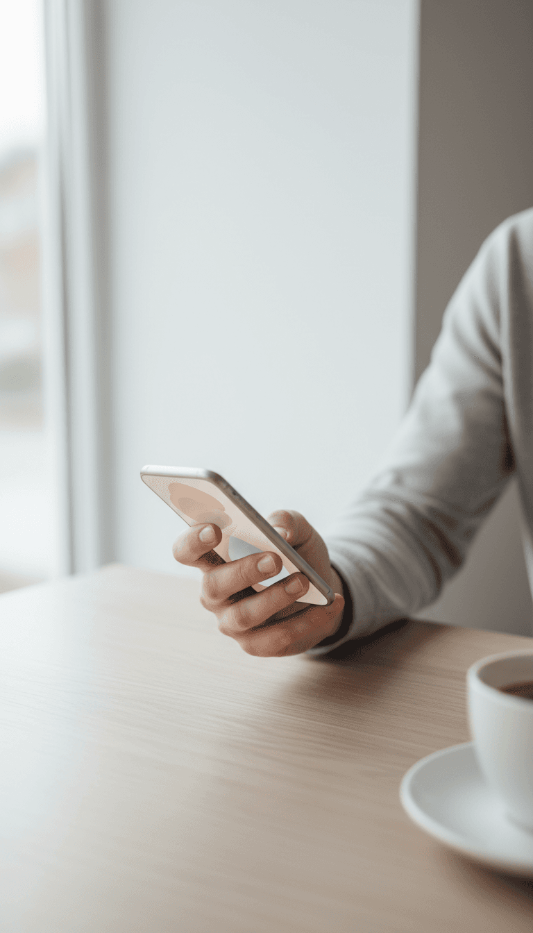 Person holding a smartphone with a clean, abstract interface