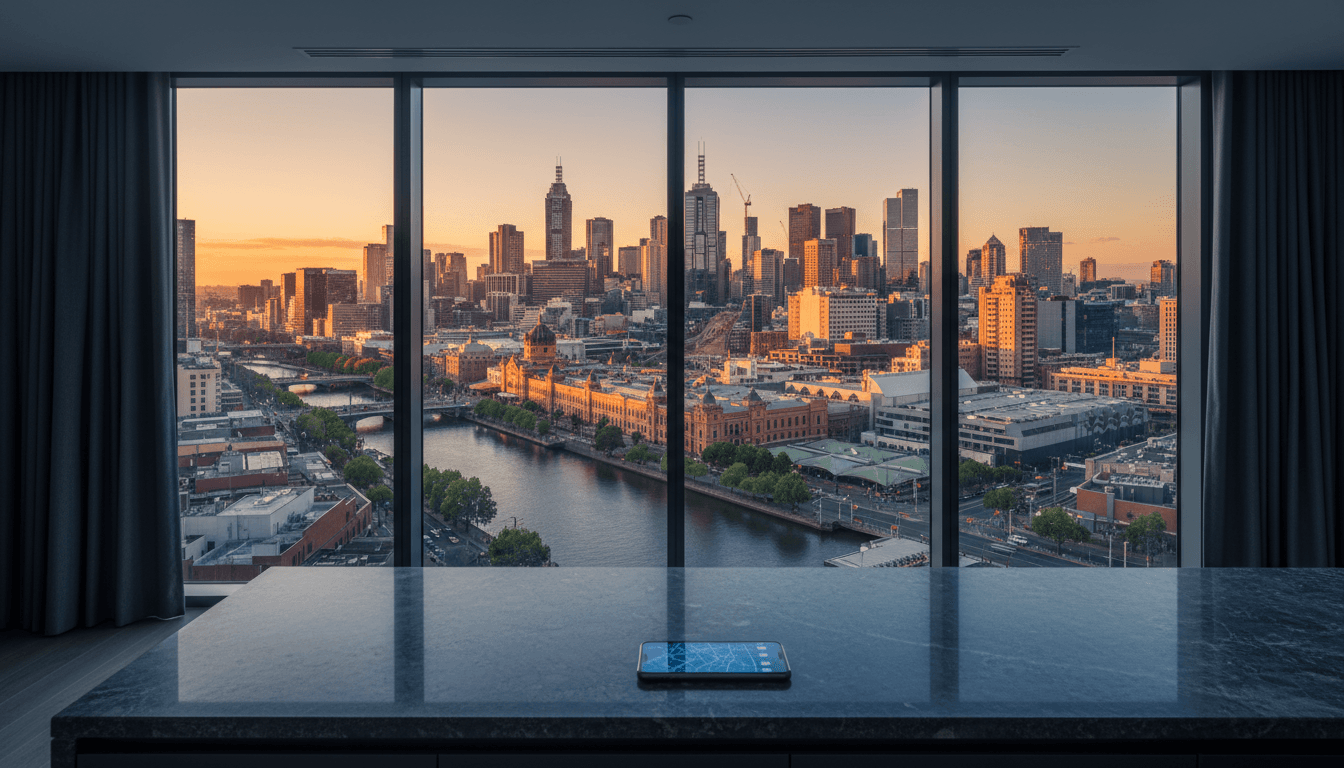 A phone on a marble countertop overlooking the Melbourne skyline at sunset