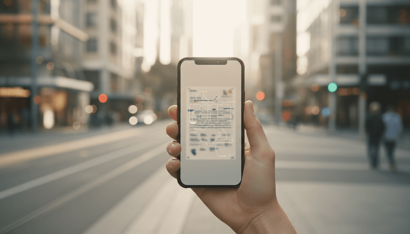 Person holding a smartphone with a blurred legal document interface, Melbourne street in soft focus