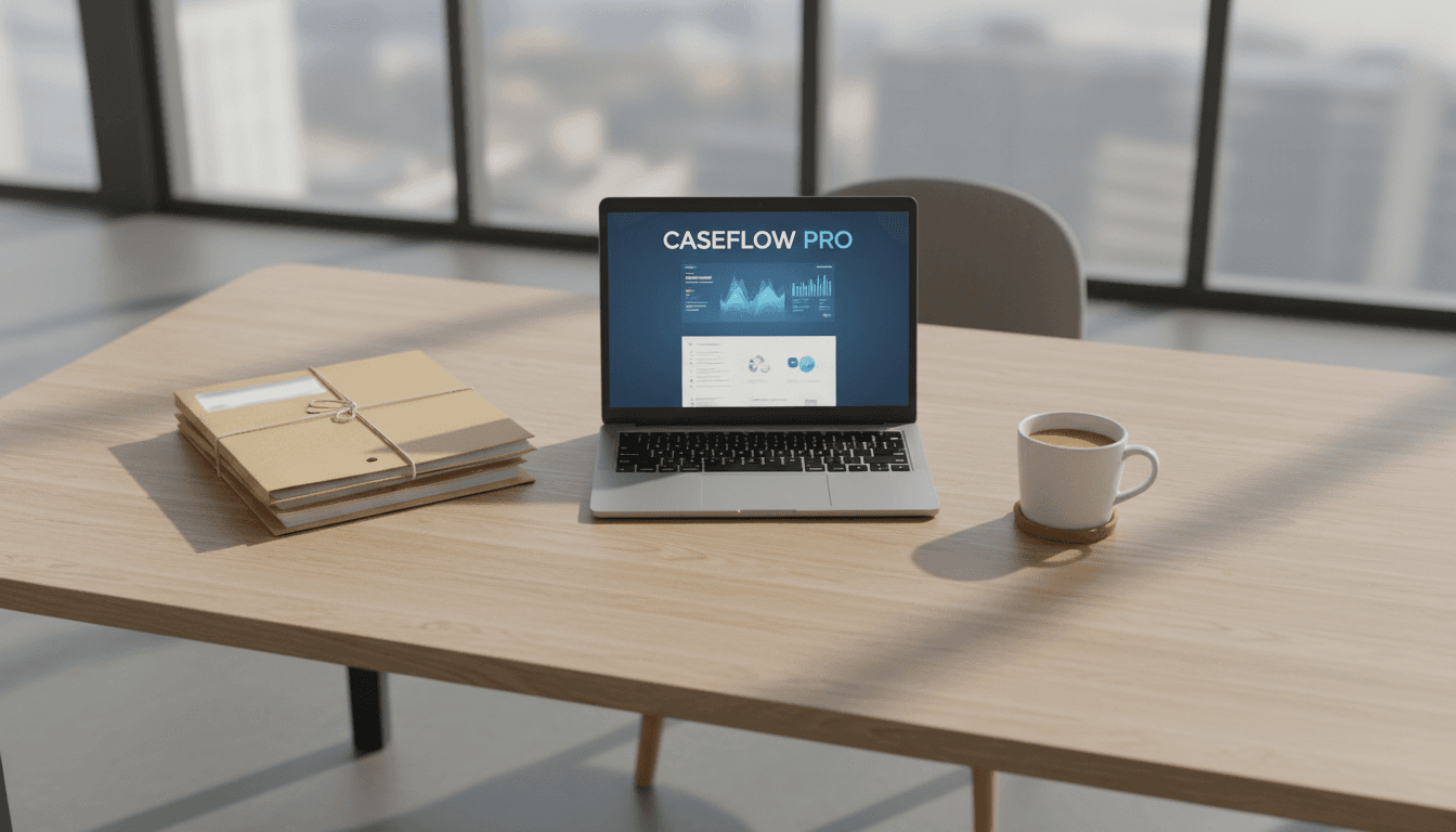 Lawyer's desk with laptop showing case management software, files, and coffee